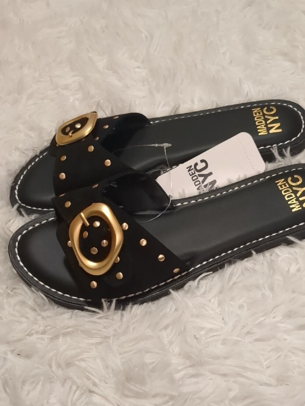 Madden NYC Black Slide Sandals with Gold Buckle Size 9 - Picture 4 of 12